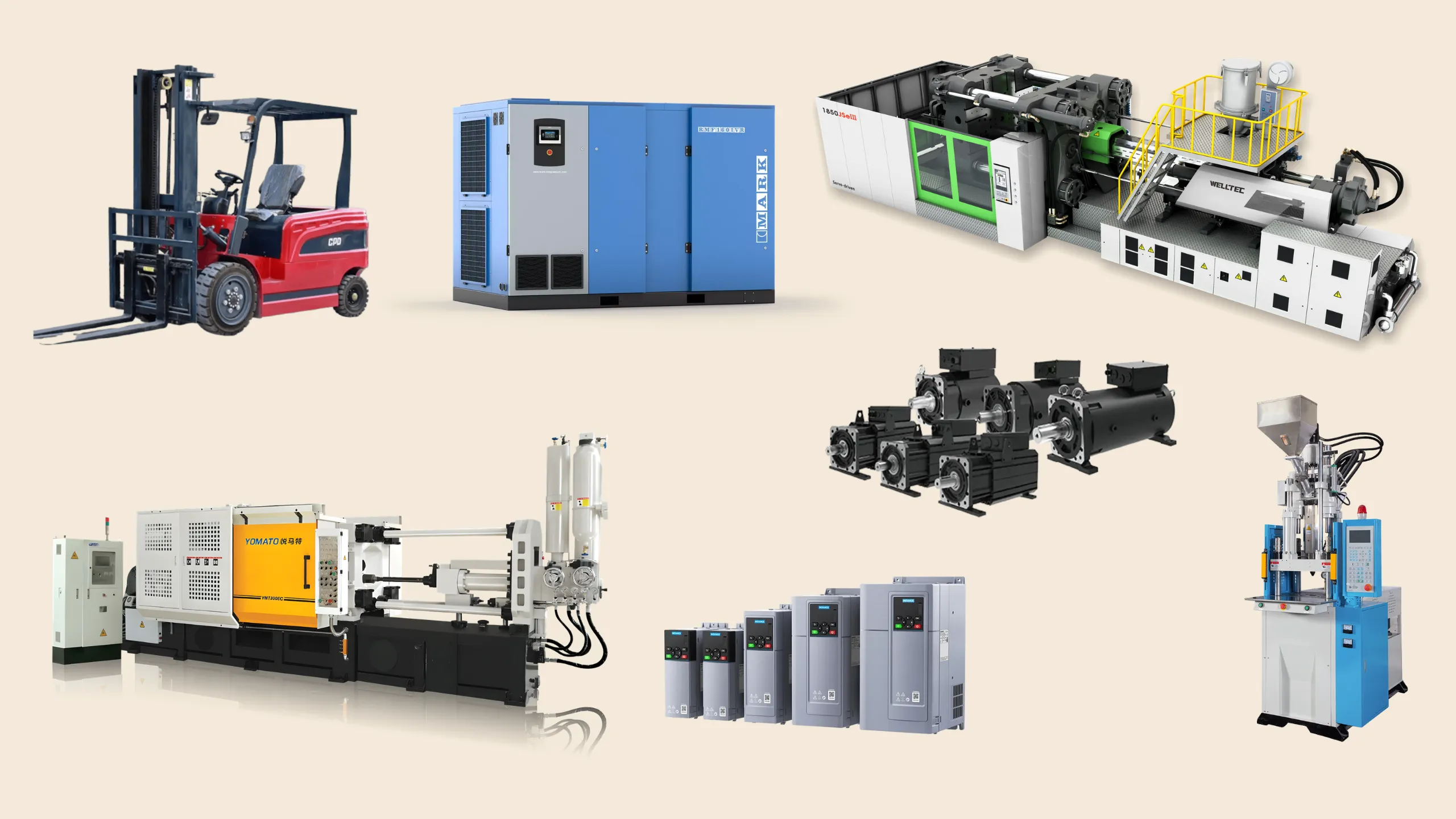 The machinery Sakura Trading distributes — forklift, air compressor, injection moulding and die-casting machines, and variable-speed drives,and servo motors